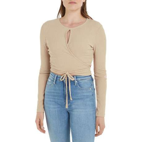 Top beige avec une coupe ajustée un col rond et à manches longues - Image 2