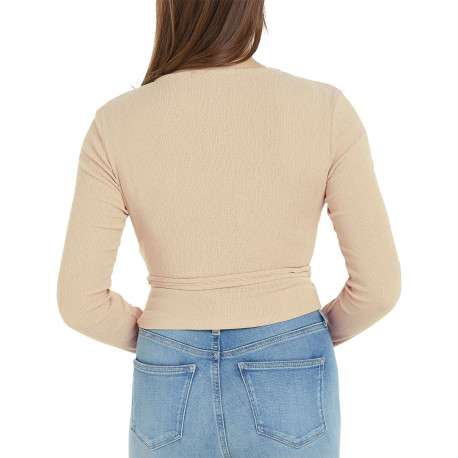 Top beige avec une coupe ajustée un col rond et à manches longues - Image 3