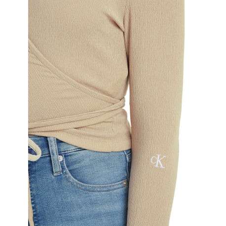 Top beige avec une coupe ajustée un col rond et à manches longues - Image 4