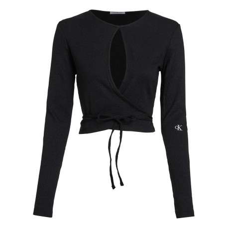 Top noir avec un col rond une coupe ajustée et des manches longues