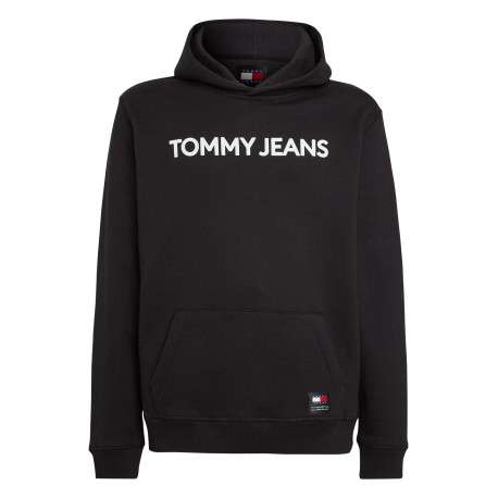 Sweat en coton noir uni coupe droite avec un col à capuche et étiquette