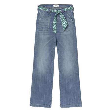 Jean bootcut travaillé en coton stretch bleu délavé à pierres turquoises et jambes évasées