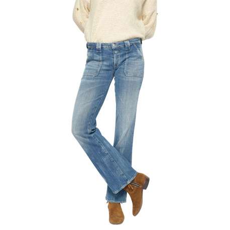 Jean bootcut travaillé en coton stretch bleu délavé à pierres turquoises et jambes évasées - Image 2
