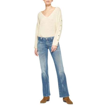 Jean bootcut travaillé en coton stretch bleu délavé à pierres turquoises et jambes évasées - Image 4