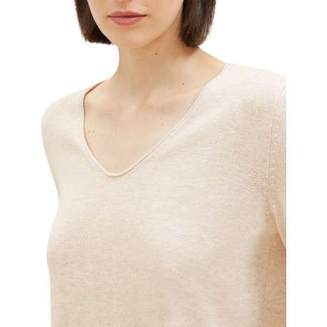 Pull en coton mélangé beige uni avec une coupe droite et un col v - Image 11