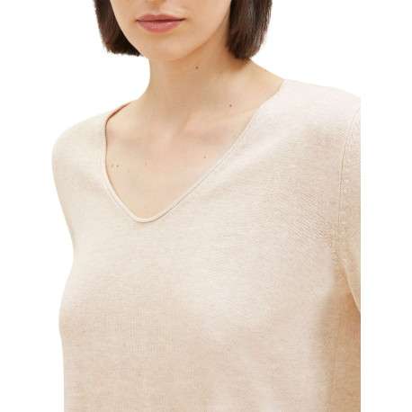Pull en coton mélangé beige uni avec une coupe droite et un col v - Image 12