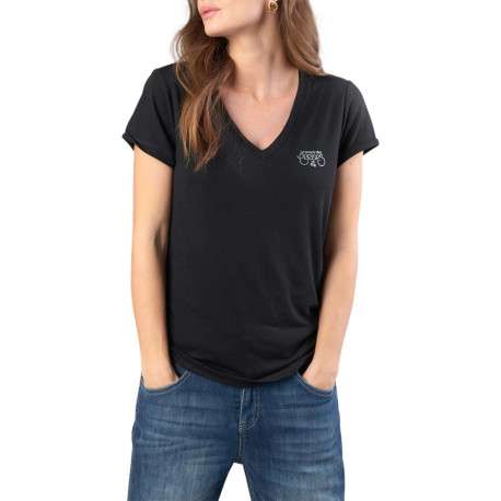 T-shirt manches courtes noir uni avec une coupe droite et un col V - Image 2