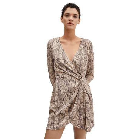 Robe courte beige avec un imprimé animal un col cache-coeur et à manches longues