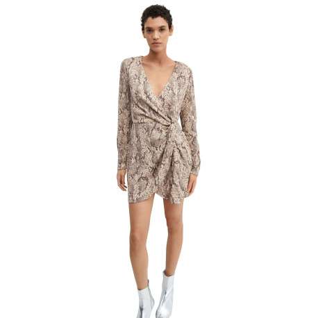 Robe courte beige avec un imprimé animal un col cache-coeur et à manches longues - Image 2