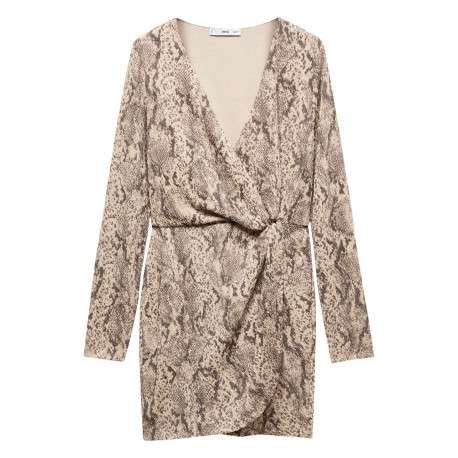 Robe courte beige avec un imprimé animal un col cache-coeur et à manches longues - Image 4