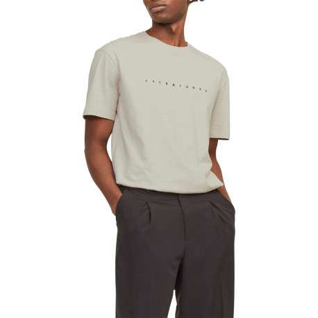 T-shirt en coton beige uni avec une coupe droite et un col rond - Image 5