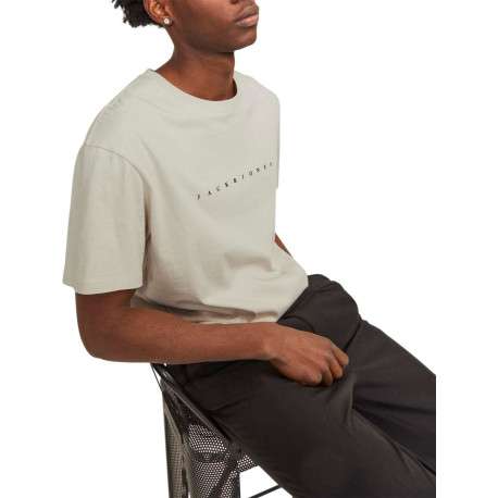 T-shirt en coton beige uni avec une coupe droite et un col rond - Image 8