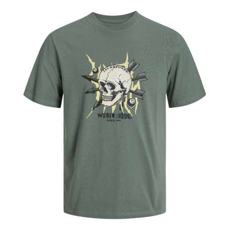 T-shirt en coton kaki uni coupe droite avec un col rond et flocage crâne
