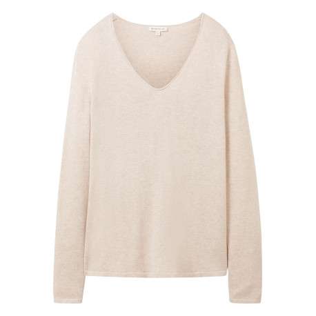 Pull en coton mélangé beige uni avec une coupe droite et un col v