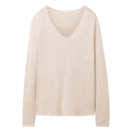 Pull en coton mélangé beige uni avec une coupe droite et un col v - Image 2