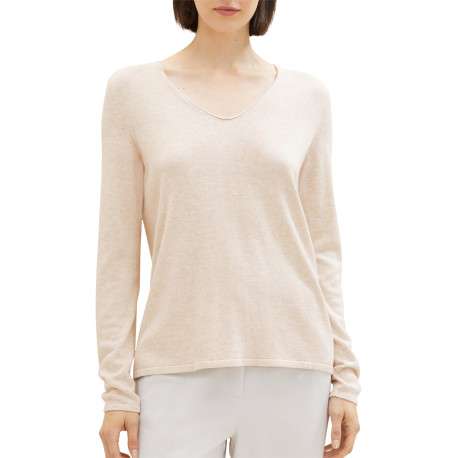 Pull en coton mélangé beige uni avec une coupe droite et un col v - Image 3