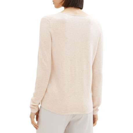 Pull en coton mélangé beige uni avec une coupe droite et un col v - Image 5