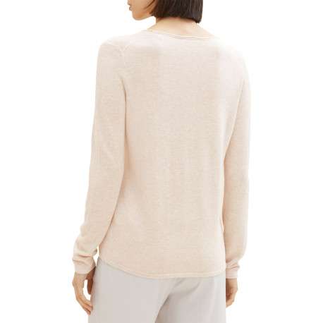 Pull en coton mélangé beige uni avec une coupe droite et un col v - Image 6