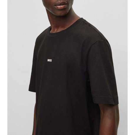 T-shirt en coton noir uni coupe droite avec un col rond et liseré orange - Image 8