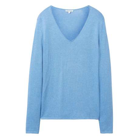 Pull en coton mélangé bleu uni coupe droite avec un col v et extrémité bord côte