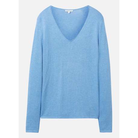 Pull en coton mélangé bleu uni coupe droite avec un col v et extrémité bord côte - Image 2
