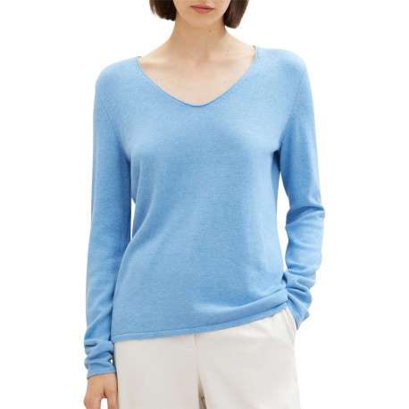 Pull en coton mélangé bleu uni coupe droite avec un col v et extrémité bord côte - Image 4