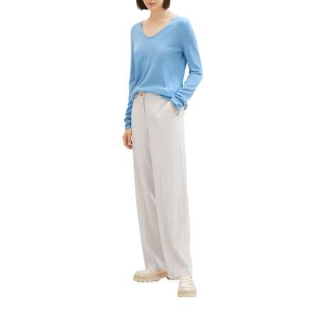 Pull en coton mélangé bleu uni coupe droite avec un col v et extrémité bord côte - Image 5
