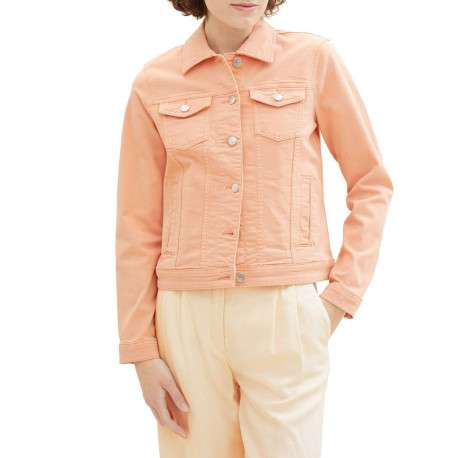 Blouson en coton corail uni coupe droite avec un col français et poches - Image 6
