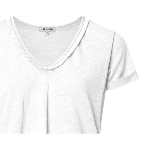 T-shirt en lin blanc en maille dévorée avec une coupe droite et un col v - Image 2