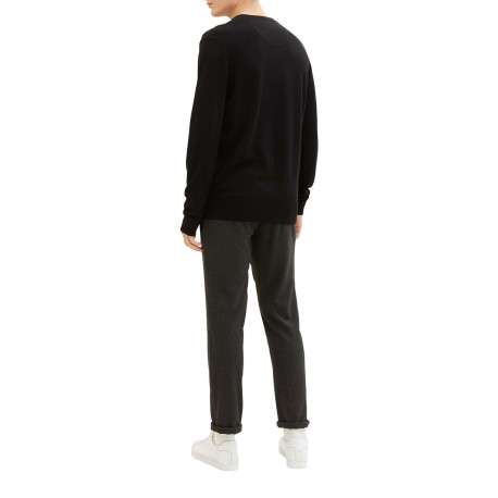 Pull en coton noir uni coupe droite avec un col rond et logo bordé poitrine - Image 2