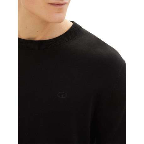 Pull en coton noir uni coupe droite avec un col rond et logo bordé poitrine - Image 3