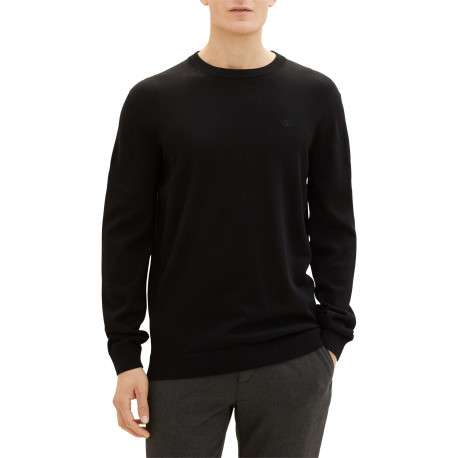 Pull en coton noir uni coupe droite avec un col rond et logo bordé poitrine - Image 4