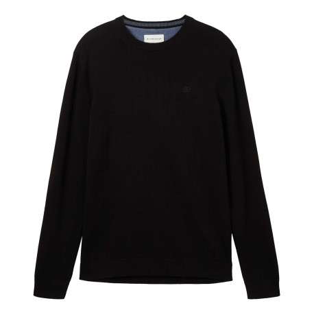 Pull en coton noir uni coupe droite avec un col rond et logo bordé poitrine