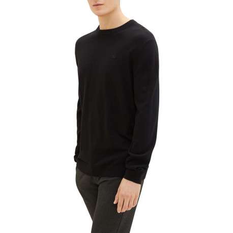 Pull en coton noir uni coupe droite avec un col rond et logo bordé poitrine - Image 5