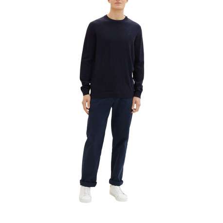 Pull en coton marine uni avec une coupe droite et un col rond - Image 3