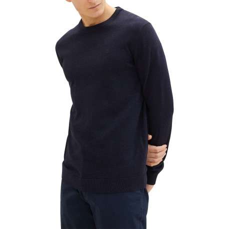 Pull en coton marine uni avec une coupe droite et un col rond - Image 2