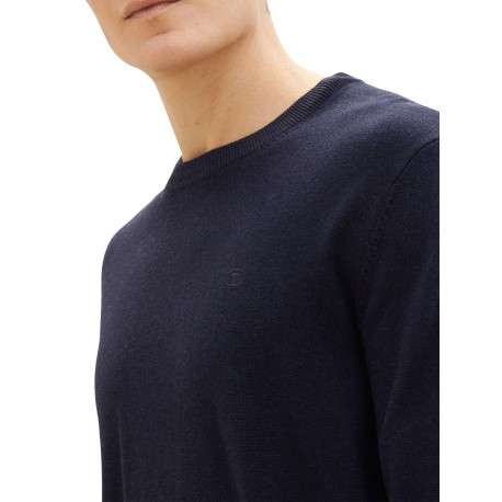 Pull en coton marine uni avec une coupe droite et un col rond - Image 5