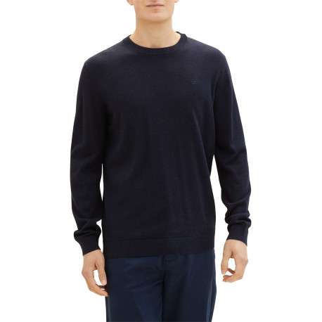 Pull en coton marine uni avec une coupe droite et un col rond - Image 6