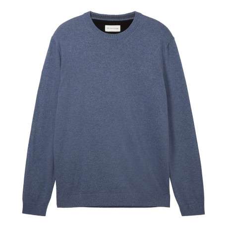 Pull en coton indigo uni coupe droite avec un col rond en bord côte
