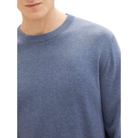 Pull en coton indigo uni coupe droite avec un col rond en bord côte - Image 5