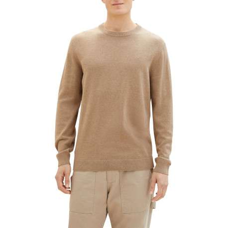 Pull en coton beige uni coupe droite avec un col rond et logo poitrine - Image 2