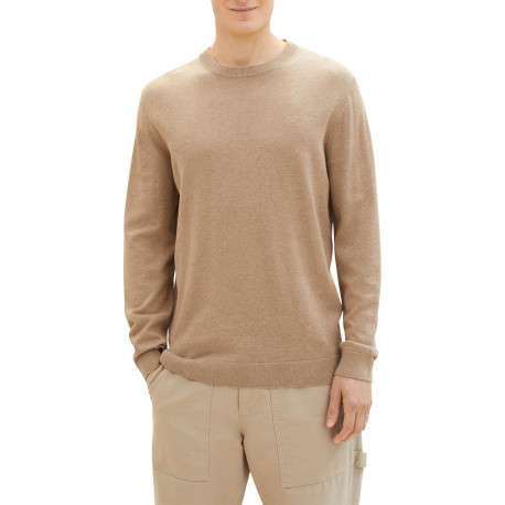 Pull en coton beige uni coupe droite avec un col rond et logo poitrine - Image 3