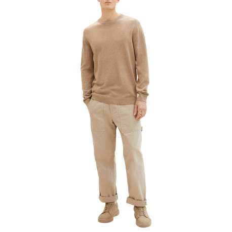 Pull en coton beige uni coupe droite avec un col rond et logo poitrine - Image 4