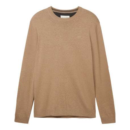 Pull en coton beige uni coupe droite avec un col rond et logo poitrine