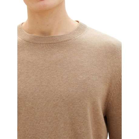 Pull en coton beige uni coupe droite avec un col rond et logo poitrine - Image 5