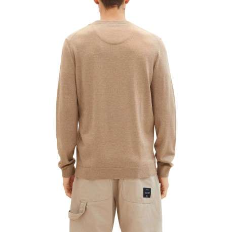 Pull en coton beige uni coupe droite avec un col rond et logo poitrine - Image 6