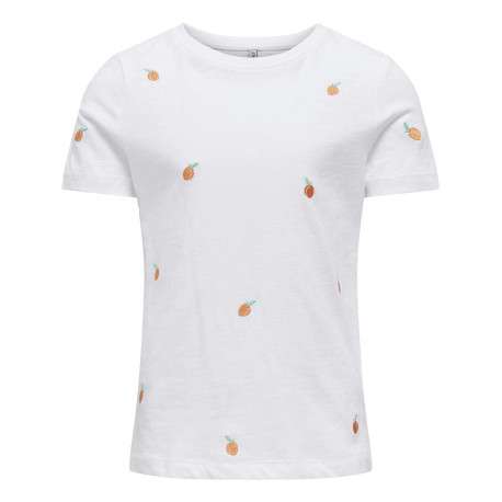 T-shirt en coton blanc imprimé coupe droite avec un col rond et pêches brodées