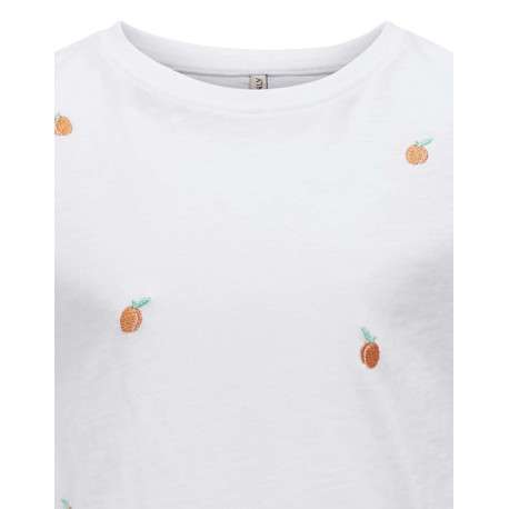 T-shirt en coton blanc imprimé coupe droite avec un col rond et pêches brodées - Image 3