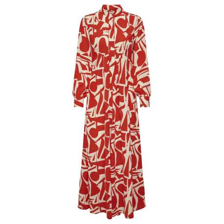 Robe longue rouge imprimée coupe droite col mao boutonné et à manches longues