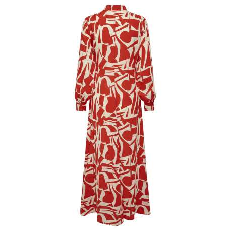 Robe longue rouge imprimée coupe droite col mao boutonné et à manches longues - Image 2